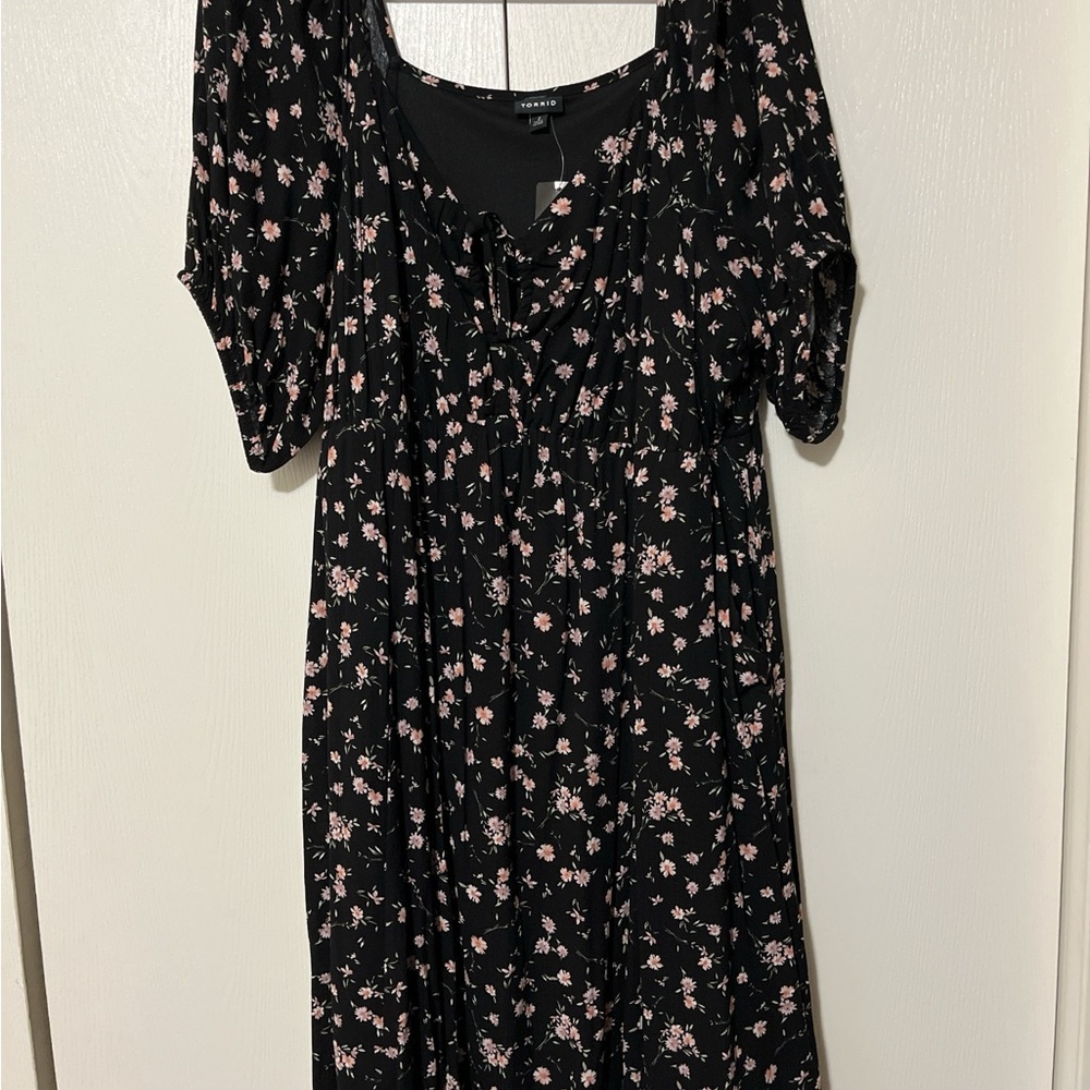 Torrid Black Midi Dress with Pink Floral Accents